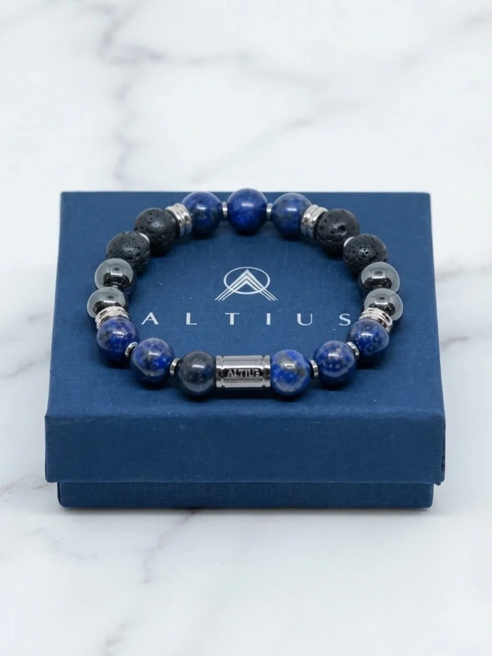 Altius Lapis Lazuli, Lava Rock & Hematite Beaded Stretch Bracelet — Handmade